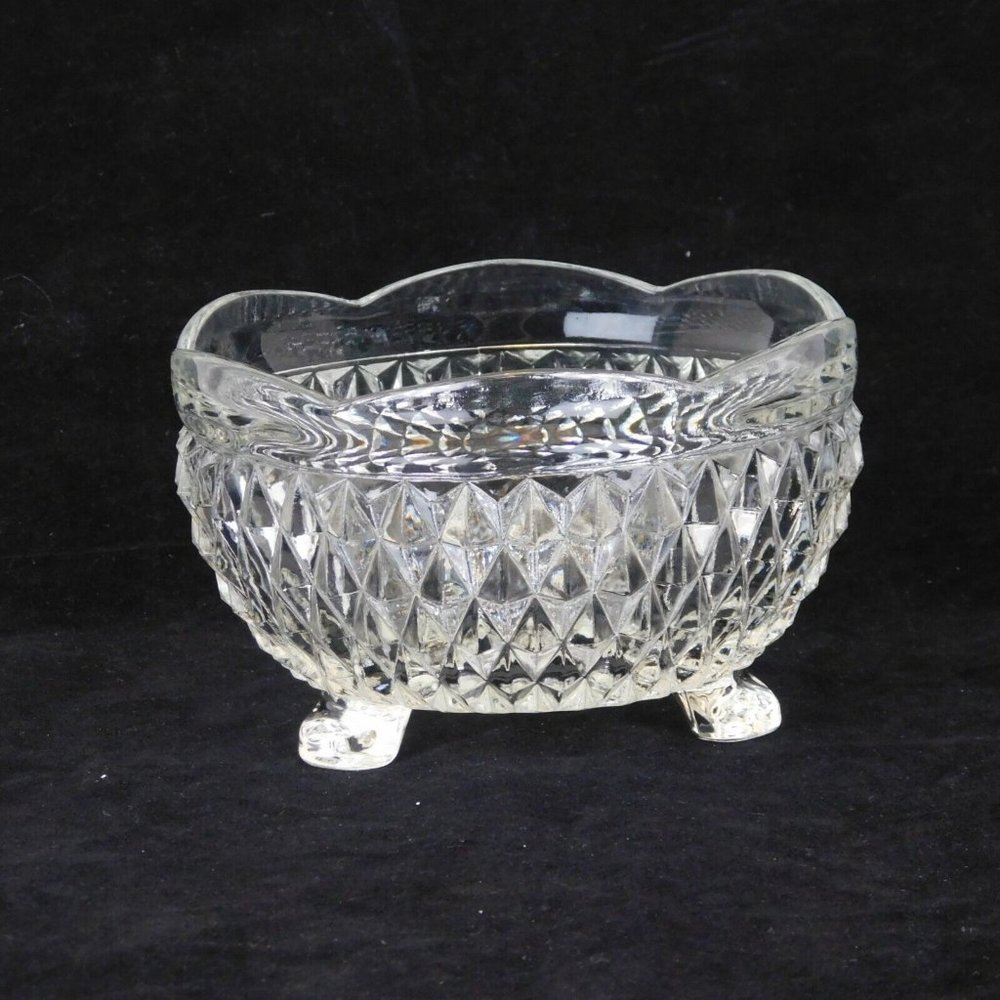 Indiana Glass Diamond Point Clear Candy Bowl Scalloped Edge 3 Toed 5 inch dia
